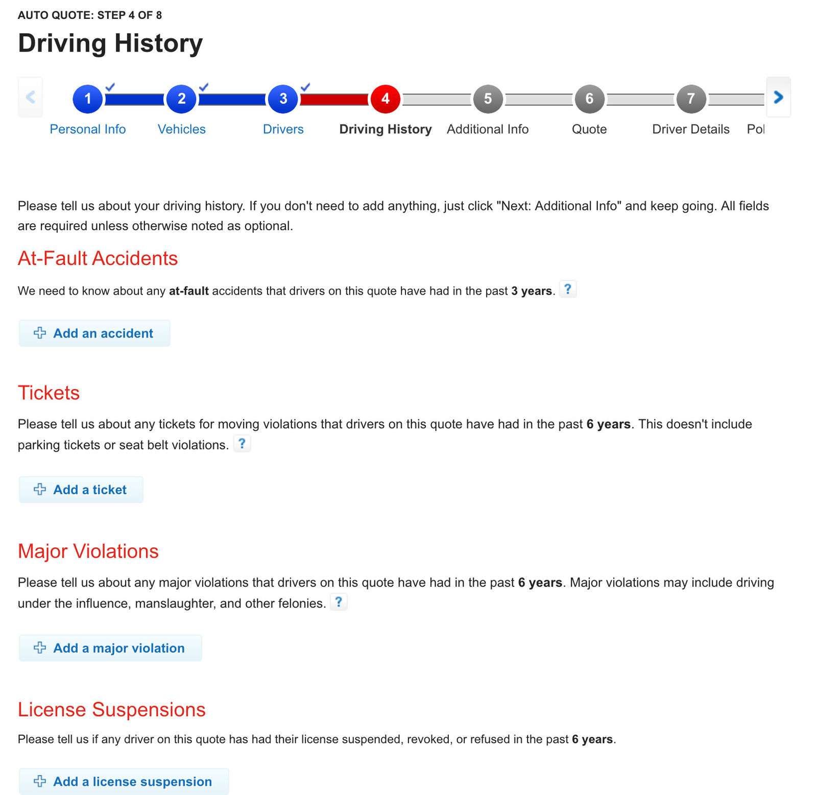 State Farm website auto quote driving history screen