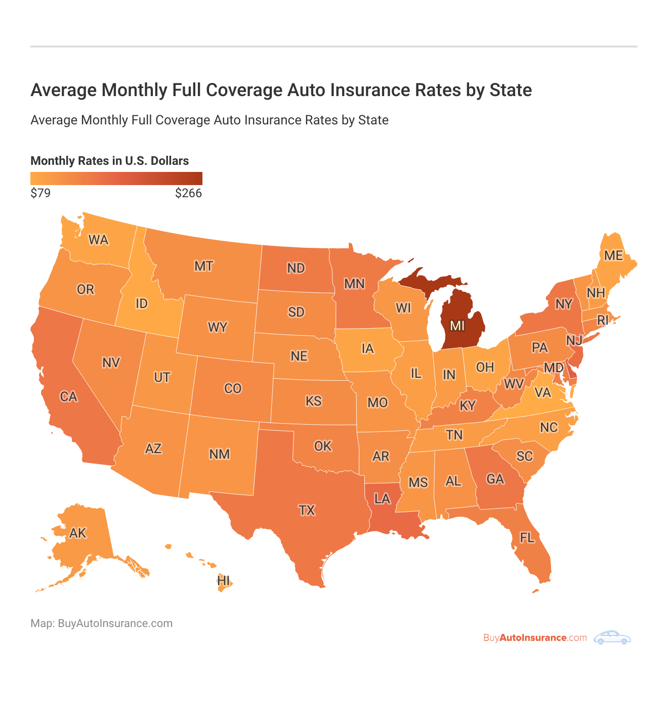 <h3>Average Monthly Full Coverage Auto Insurance Rates by State</h3>